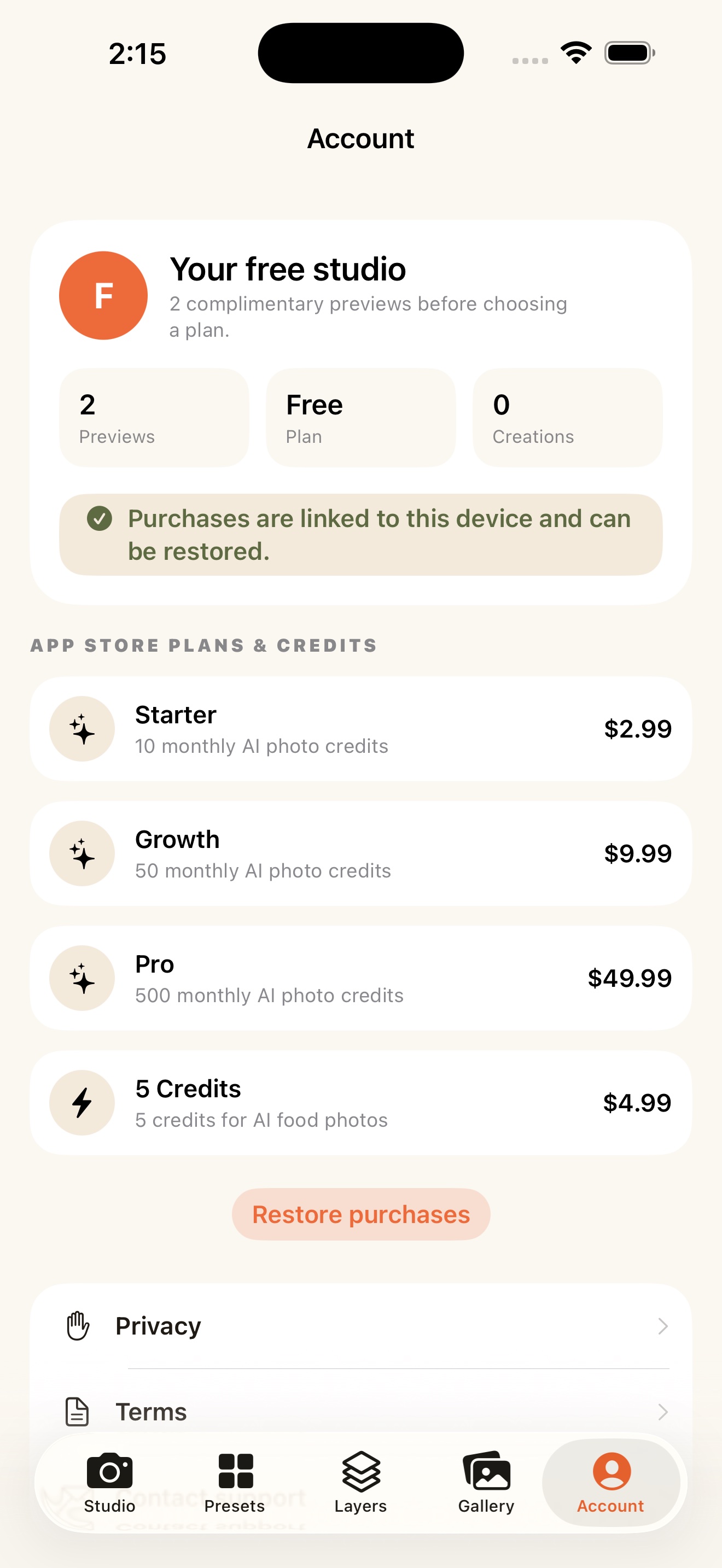 Plans and credits screen in the FoodPhoto AI iPhone app