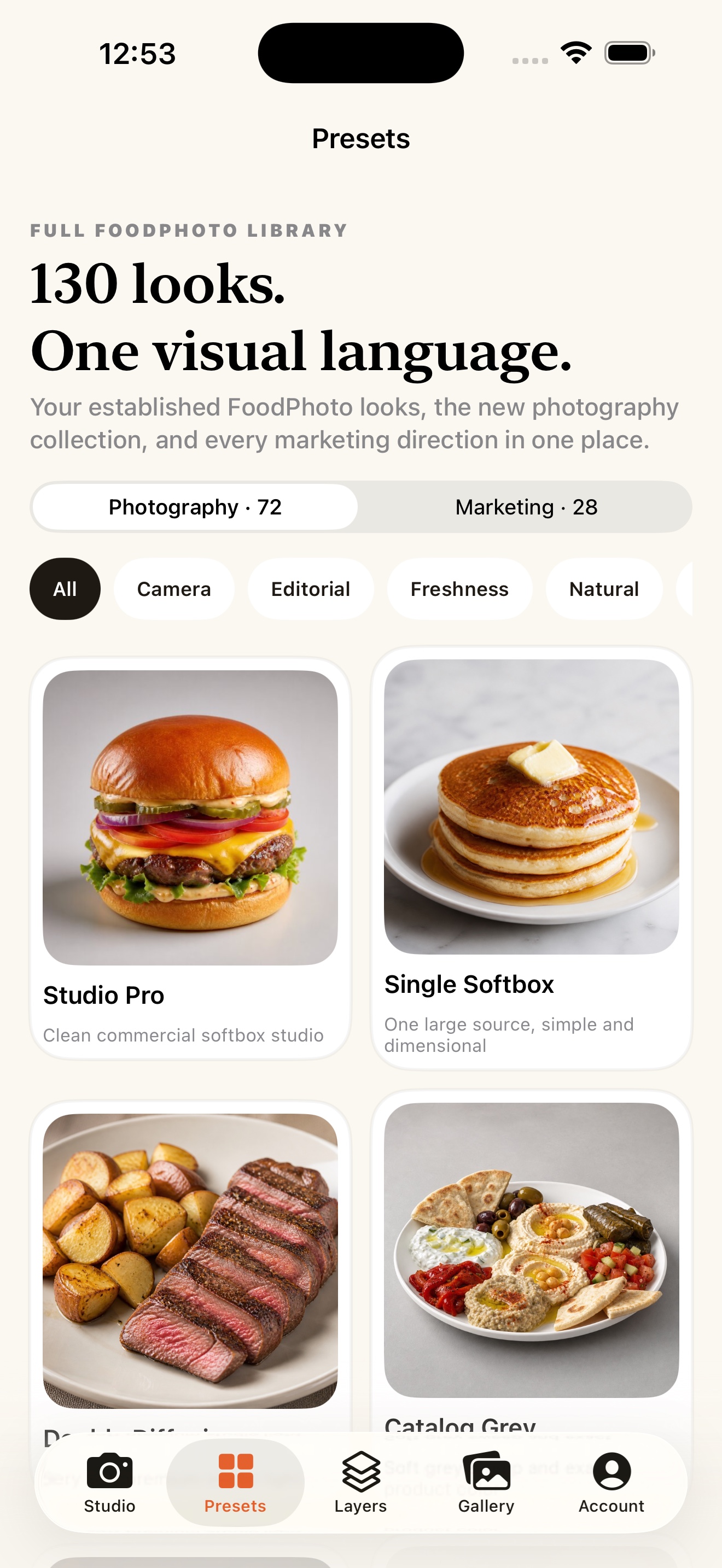 130 photographic looks screen in the FoodPhoto AI iPhone app
